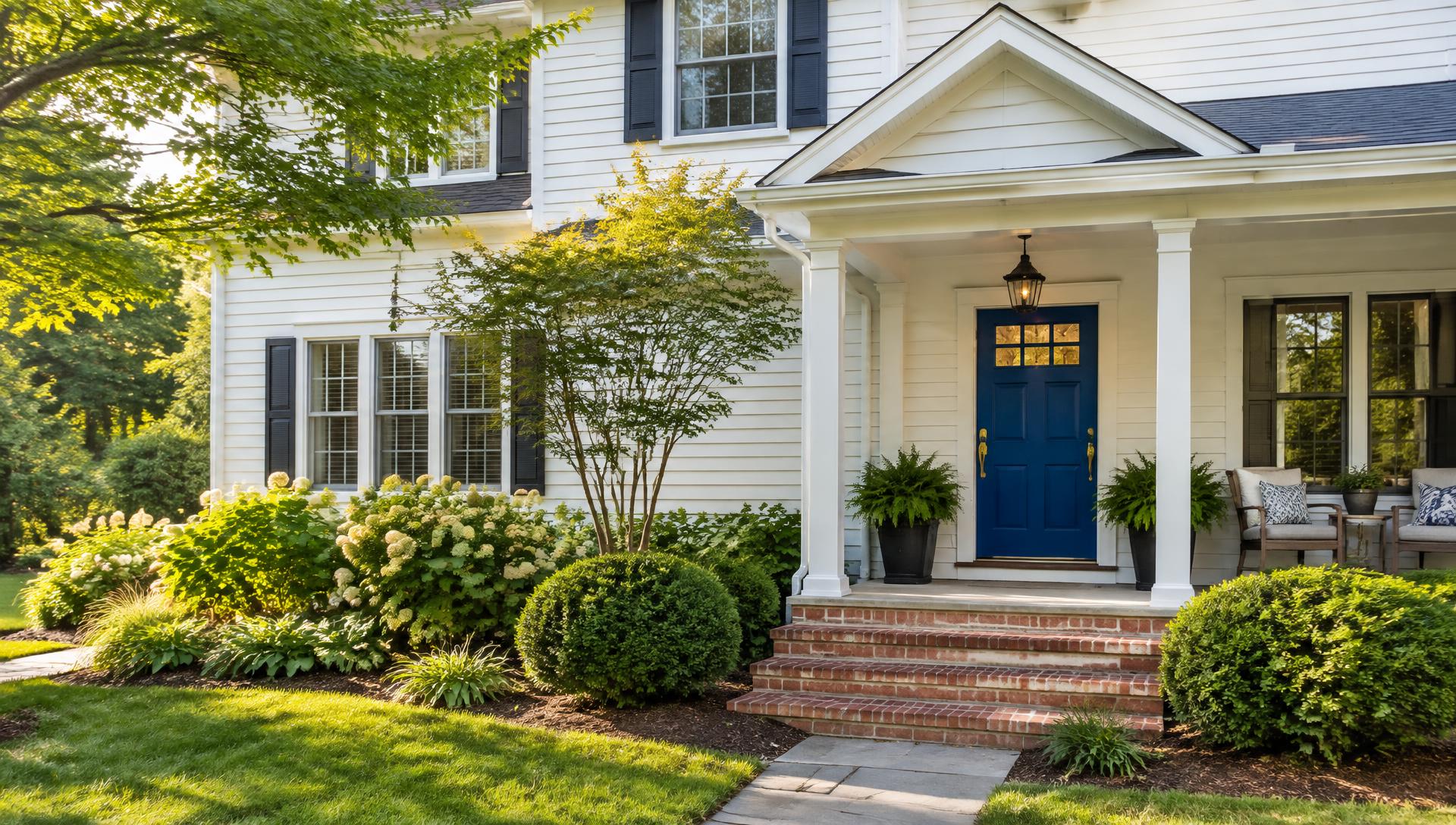 A welcoming home with white siding, a blue front door, and a landscaped porch
